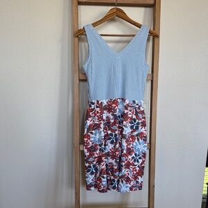 Blue Striped & Red Floral V-Neck Midi Dress